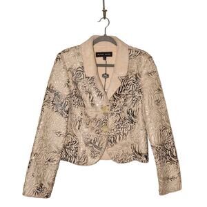 BLANC NOIR $299 Textured Jacquard Faux Fur Trim Cropped Jacket Large